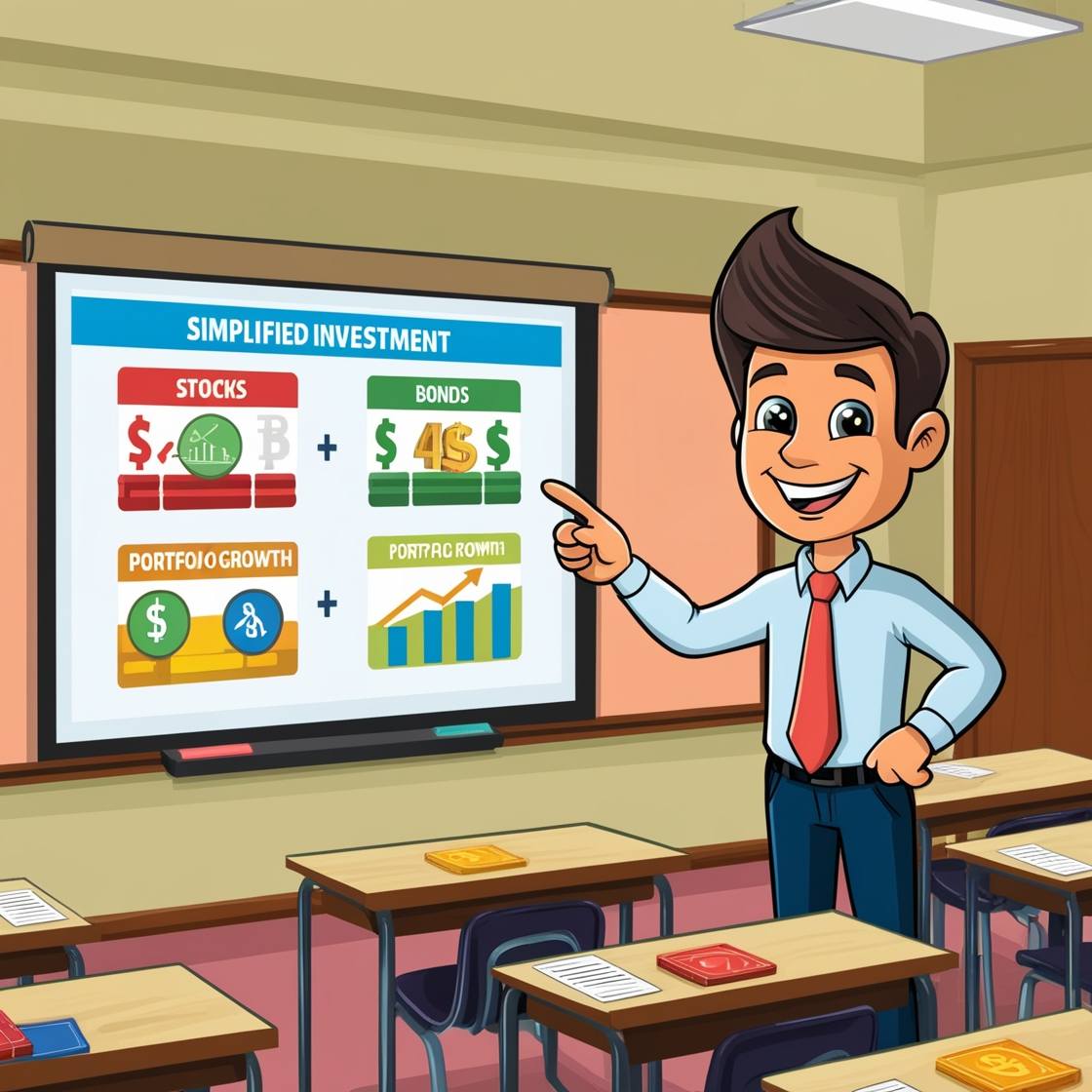 A friendly cartoon character in a financial classroom.