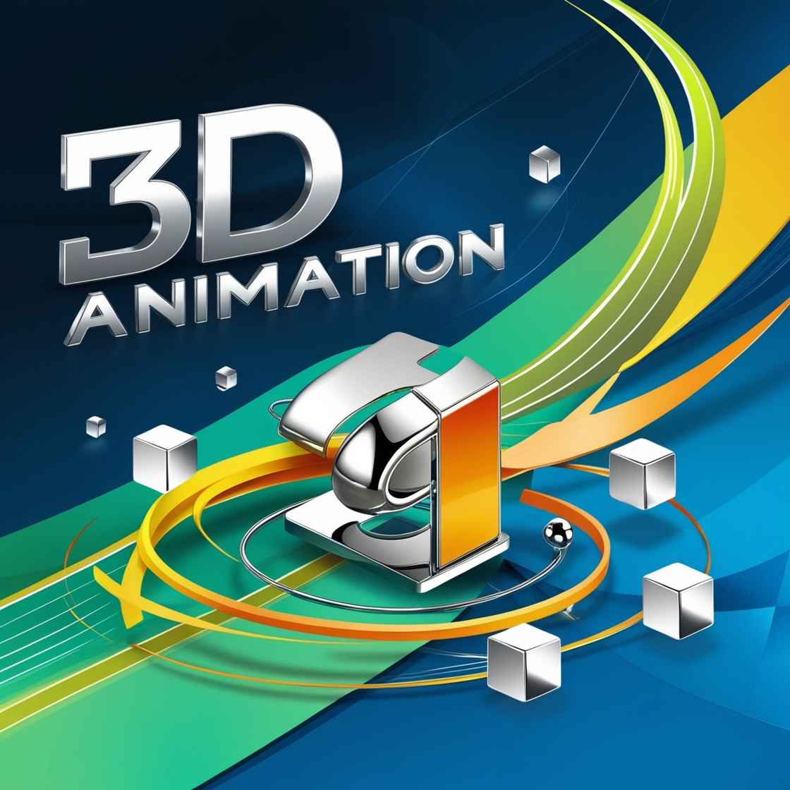 digital illustration titled 3D Animation with bold large and metallic silver fonts