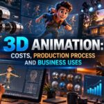 3D animation studio workspace showing character rigging, exploded mechanical product renders and architectural visualization