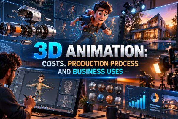 3D animation studio workspace showing character rigging, exploded mechanical product renders and architectural visualization