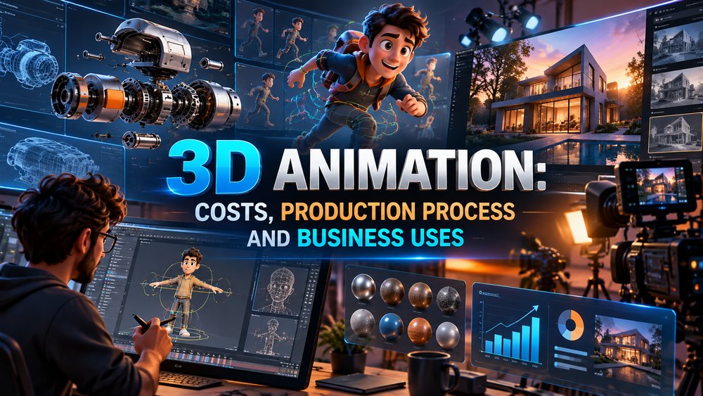 3D animation studio workspace showing character rigging, exploded mechanical product renders and architectural visualization
