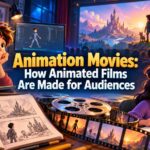 Animators sketching characters and storyboards in a studio, with a castle scene from an animated film on screen