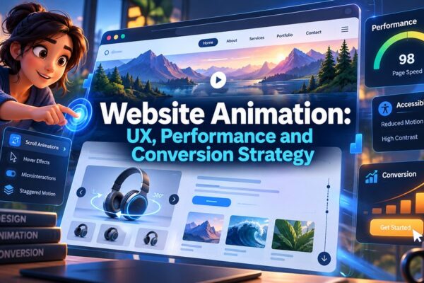 Website animation examples including scroll animations, hover effects and a 360° product view, with page speed and reduced motion settings