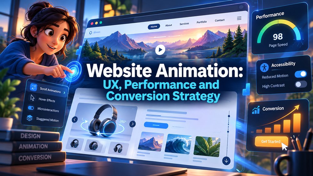 Website animation examples including scroll animations, hover effects and a 360° product view, with page speed and reduced motion settings