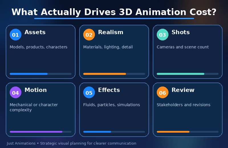 Six factors that drive 3D animation cost, including assets, realism, shots, motion, effects and review rounds